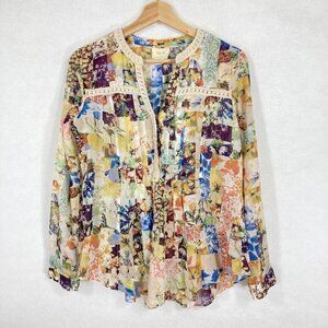 Anthropologie Maeve Abella Floral Pintuck Blouse Crochet Peasant Cottage Boho 2